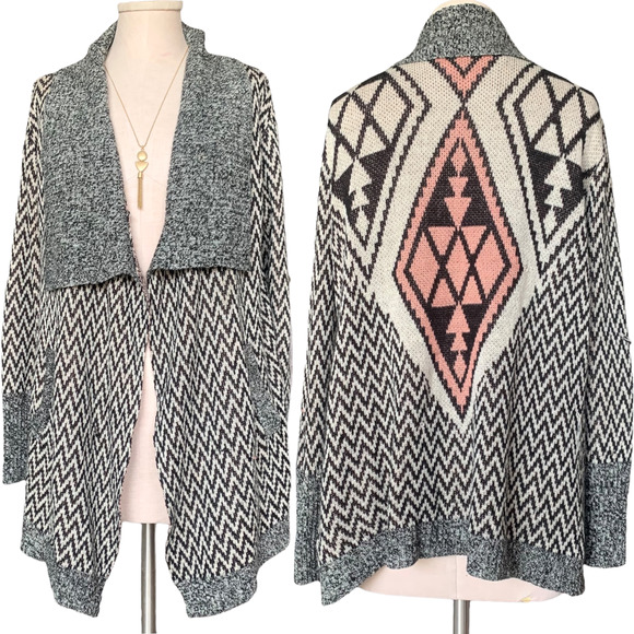 PINK OWL Open Front Cardigan Tribal Drape SouthWestern Aztec Sweater Medium Gray - Picture 1 of 10